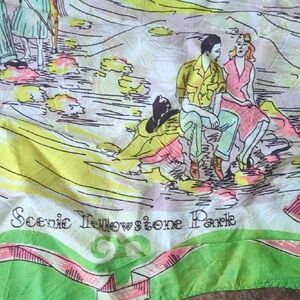 Vintage Yellowstone Scenic Novelty Print Scarf 50s 60s Rare 28" Square Neon